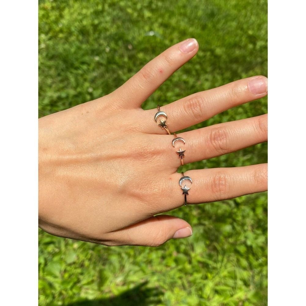 Real 925 sterling silver Gold Moon Star Ring